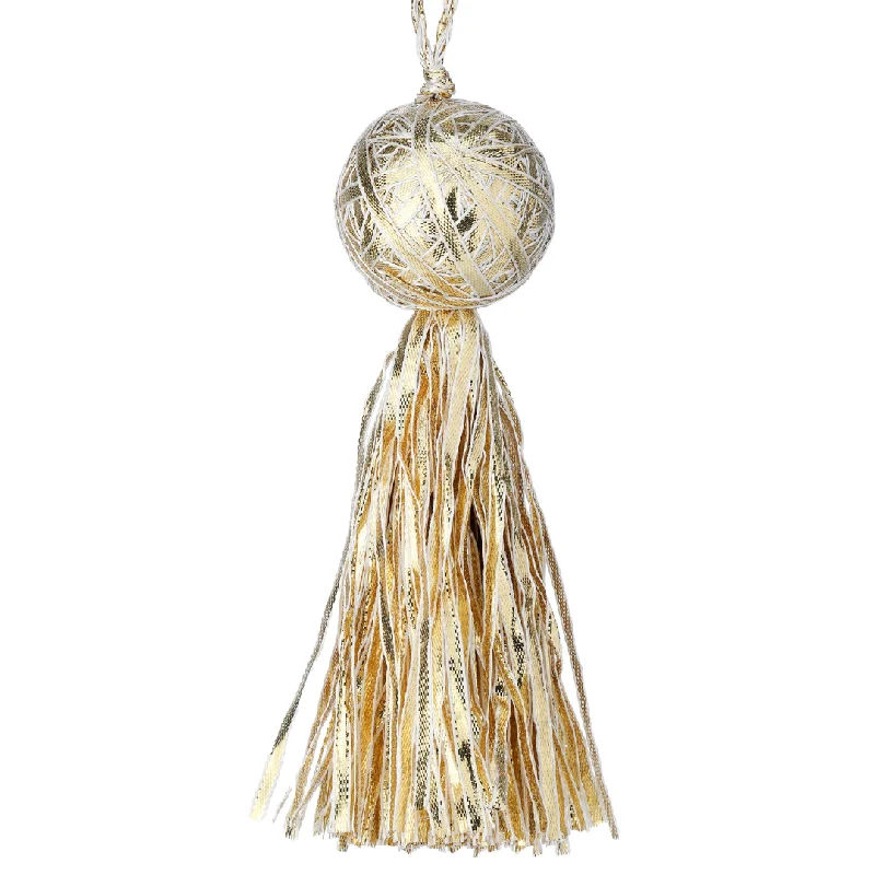 Ribbon Ball Ornament with Tassel - Champagne Gold, 6.5"