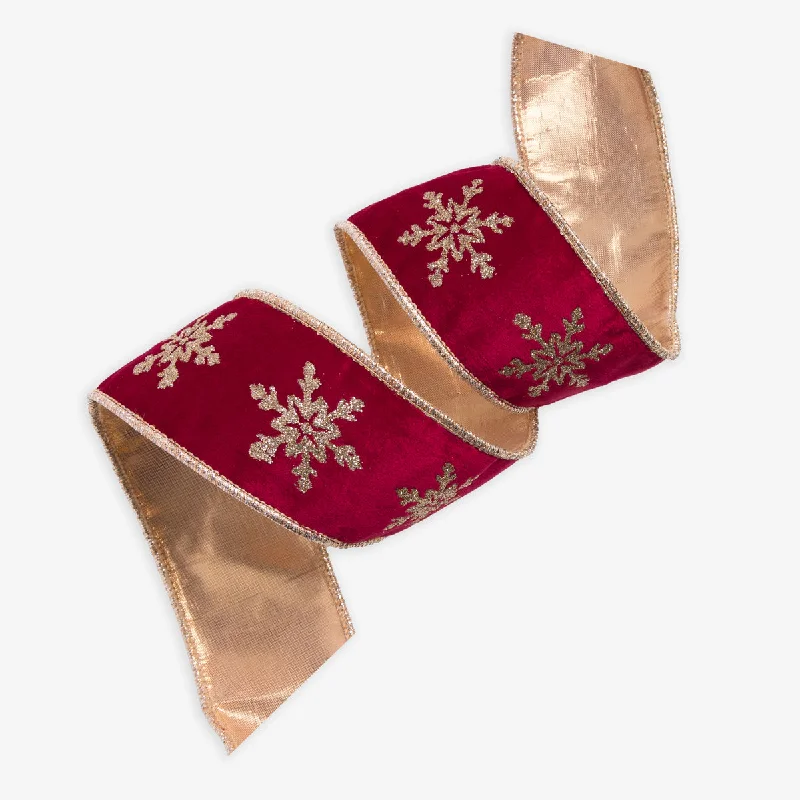 Snowflake Velvet Wire Ribbon (Ruby & Gold 9m)