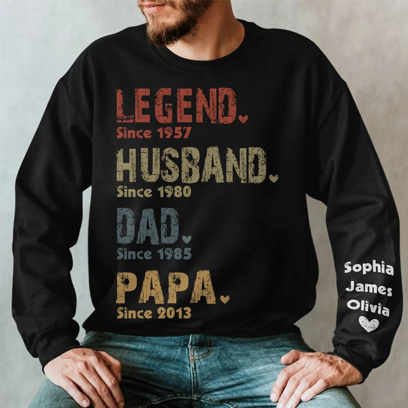 The Man The Myth The Legend The Superhero - Family Personalized Custom Unisex Sweatshirt With Design On Sleeve - Christmas Gift For Dad