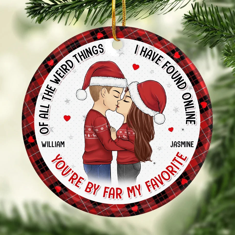 Warm Hugs And Mistletoe Kisses - Couple Personalized Custom Ornament - Ceramic Round Shaped - Christmas Gift For Husband Wife, Anniversary