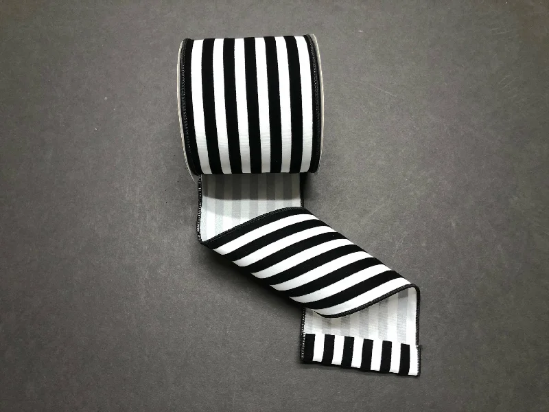 White/Black Flocked Cabana Stripes, 4"X10Y  Ribbon  71210-04-01