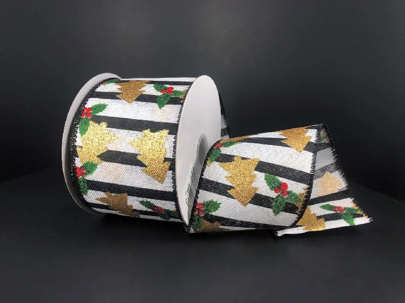 White Linen/Black Stripe-Gold Glitter Trees-Holly, 2.5"X10Y  Ribbon   72145-40-21